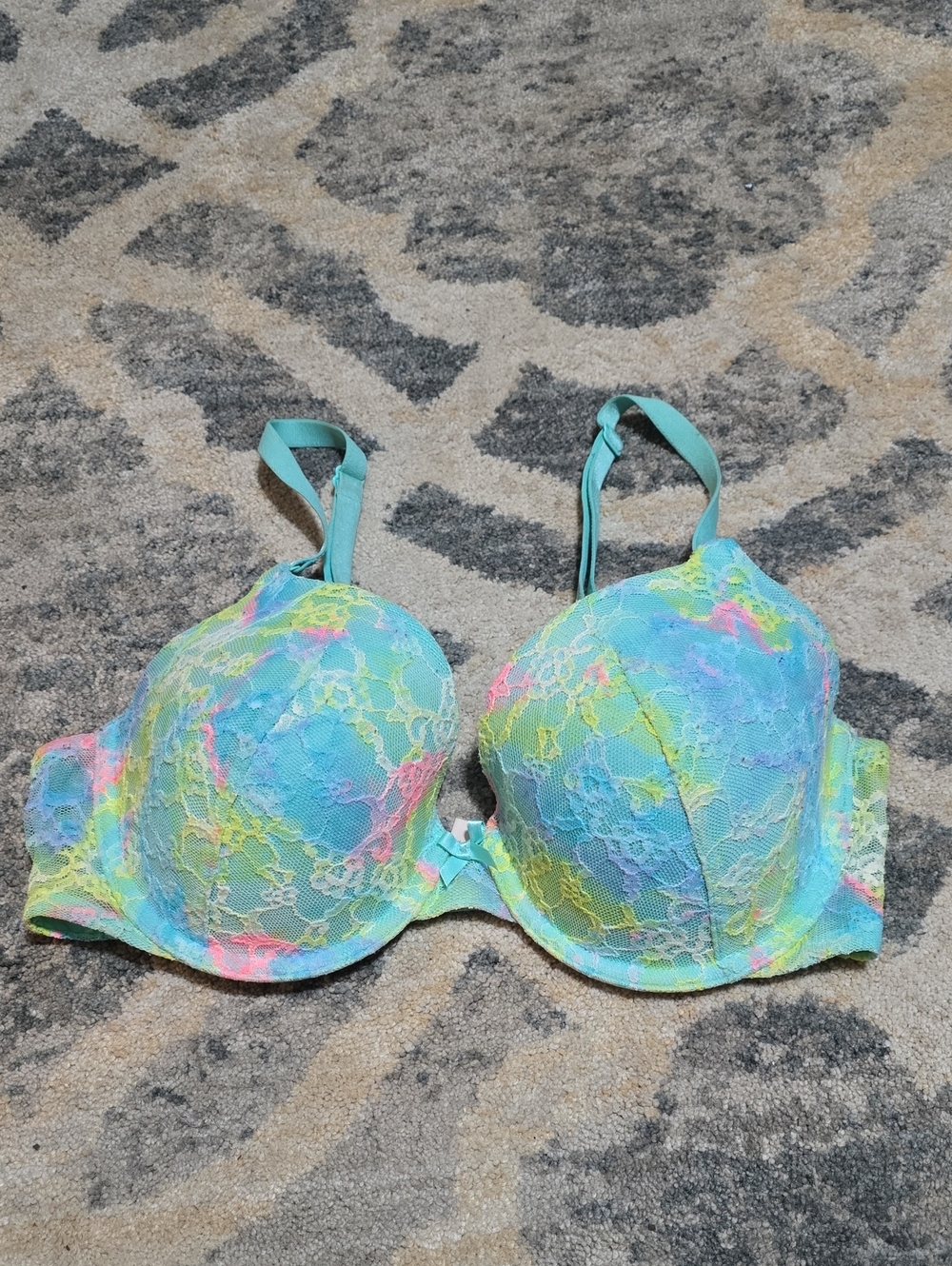 Victoria's Secret Multicolor Lace Push-Up Bra - Teal, Pink & Yellow Vintage